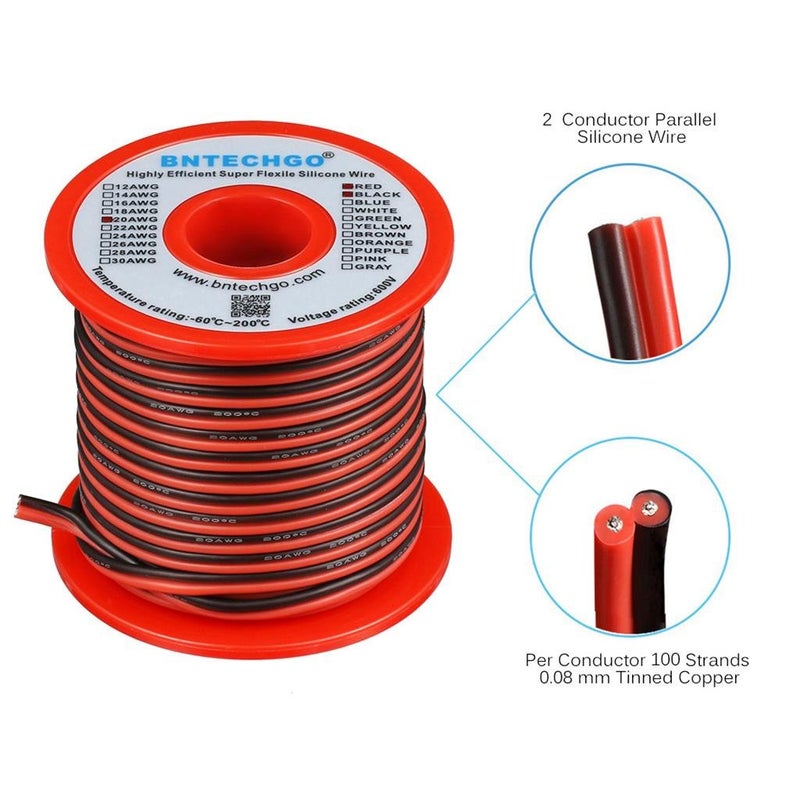 BNTECHGO 20 Gauge Flexible 2 Conductor Parallel Silicone Wire Spool Red Black High Resistant 200 deg C 600V for Single Color LED Strip Extension Cable Cord,Model,50ft Stranded Tinned Copper Wire - Image 2